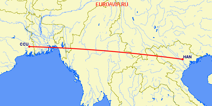 перелет Ханой — Калькутта на карте