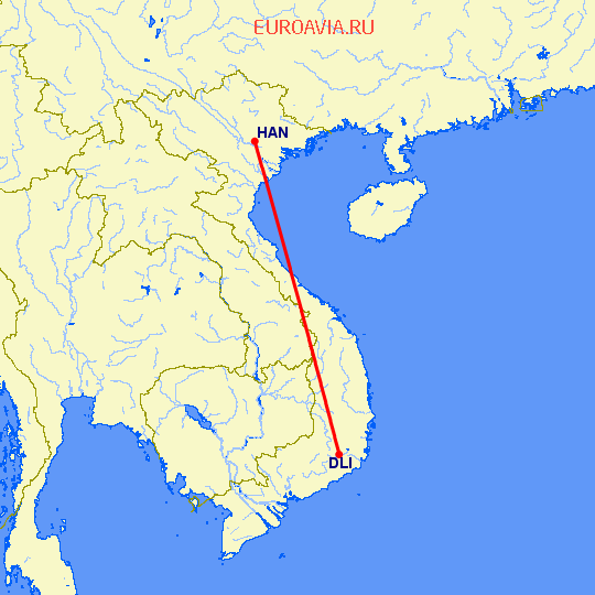 перелет Ханой — Далат на карте