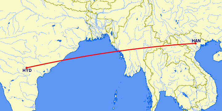 перелет Ханой — Хидерабад на карте