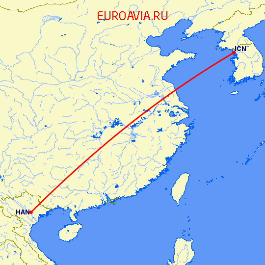 перелет Ханой — Сеул на карте