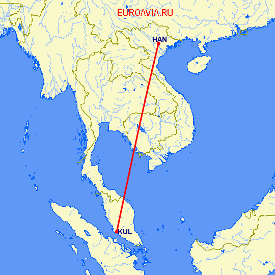 перелет Ханой — Куала Лумпур на карте