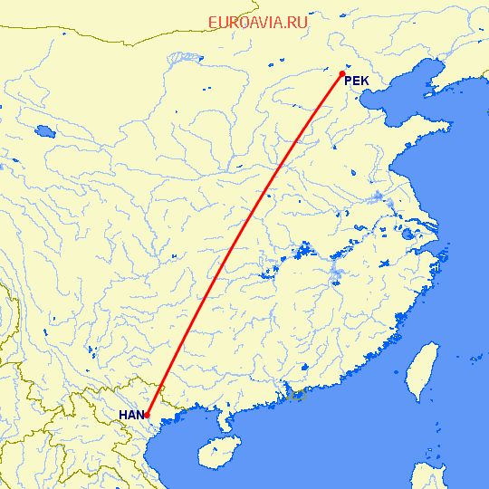 перелет Ханой — Пекин на карте