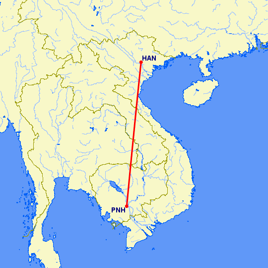 перелет Ханой — Пномпен на карте