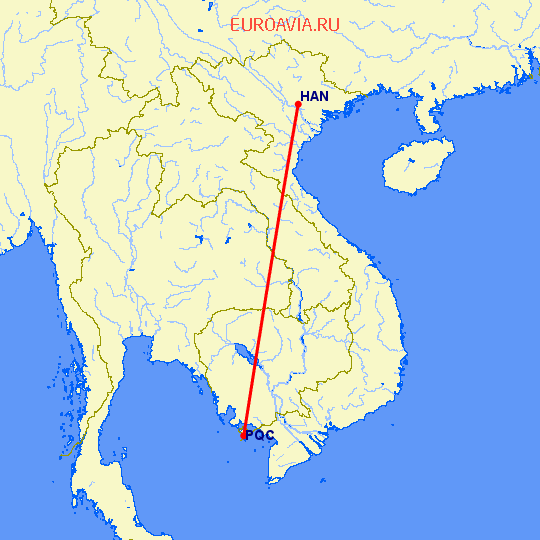 перелет Ханой — Пху Квок на карте
