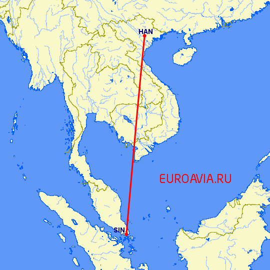 перелет Ханой — Сингапур на карте