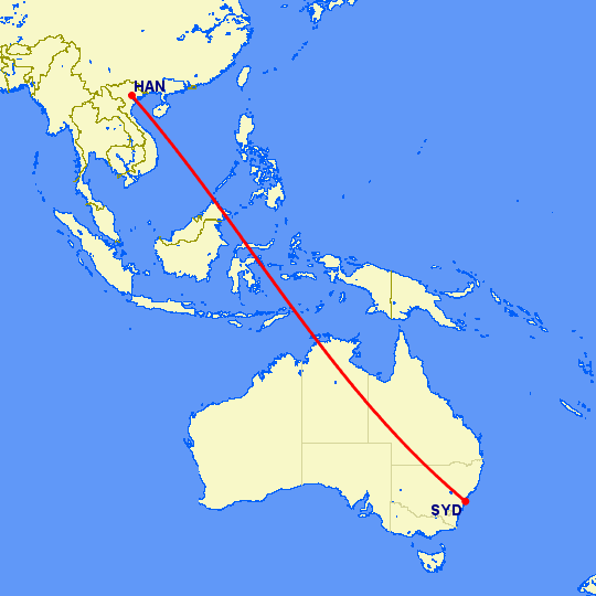 перелет Ханой — Сидней на карте