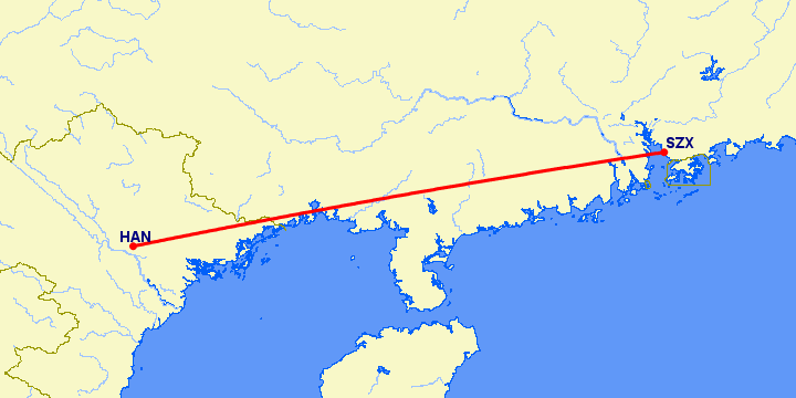 перелет Ханой — Шэньчжэнь на карте