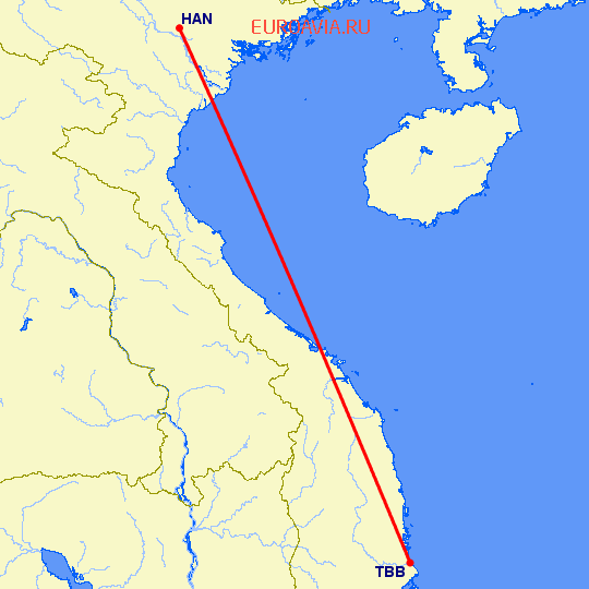 перелет Ханой — Туй Хоа на карте