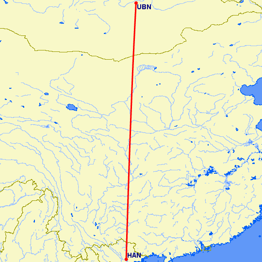 перелет Ханой — Улан Батор на карте