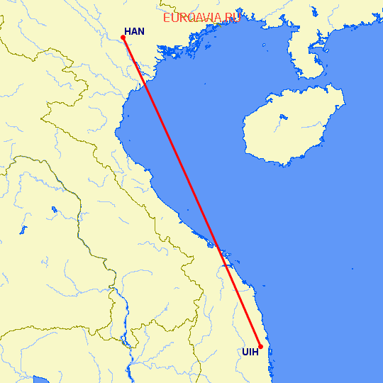 перелет Ханой — Qui Nhon на карте