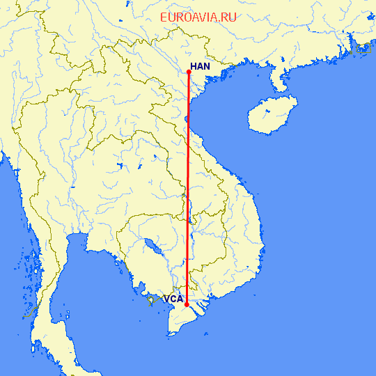 перелет Ханой — Кан-Тхо на карте