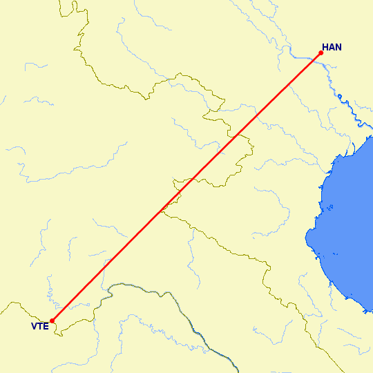 перелет Ханой — Вьентьян на карте