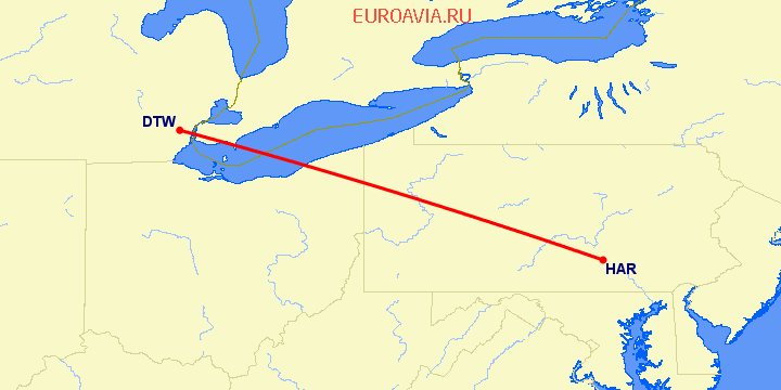 перелет Harrisburg — Детройт на карте