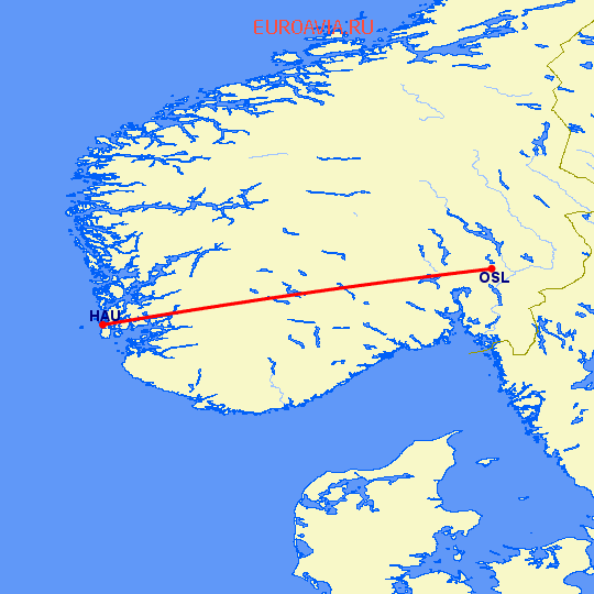 перелет Хаугезунд — Осло на карте