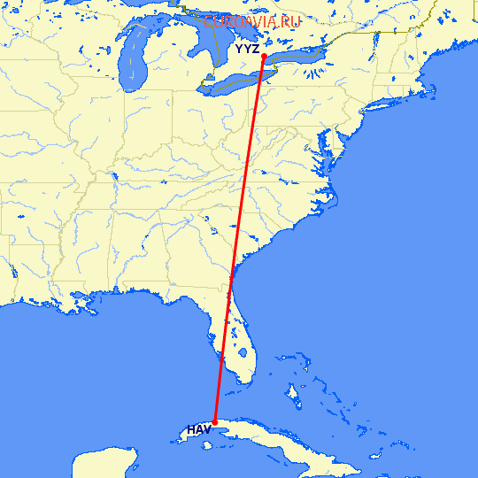 перелет Гавана — Торонто на карте