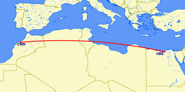перелет Александрия — Касабланка на карте