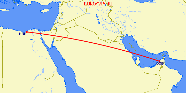 перелет Александрия — Дубай на карте