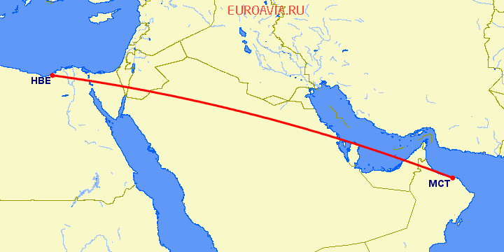 перелет Александрия — Маскат на карте