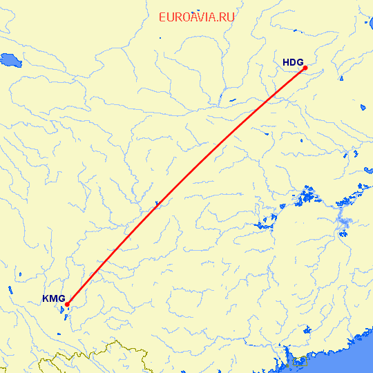 перелет Ханьдань — Кунминг на карте