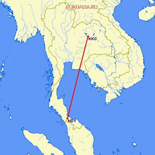 перелет Хат Яй — Кхон Каен на карте