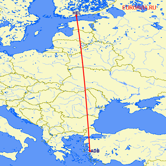 перелет Хельсинки — Измир на карте