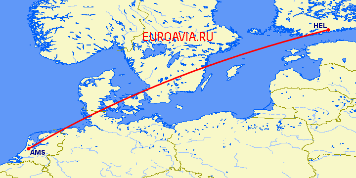 перелет Хельсинки — Амстердам на карте