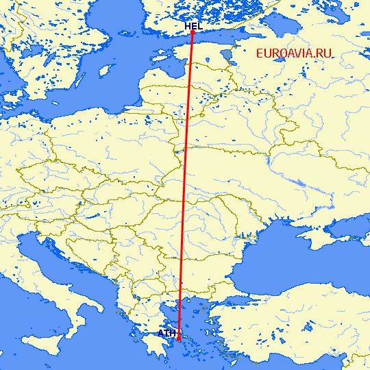 перелет Хельсинки — Афины на карте