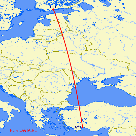 перелет Хельсинки — Анталия на карте