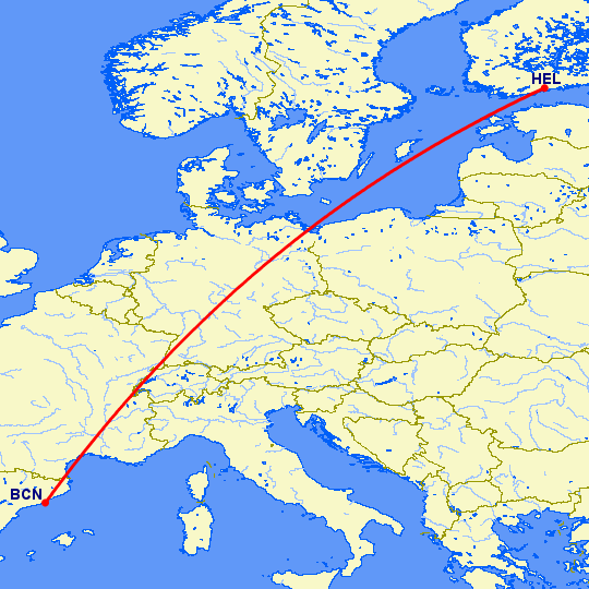 перелет Хельсинки — Барселона на карте