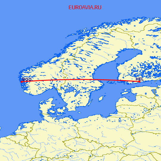 перелет Хельсинки — Берген на карте