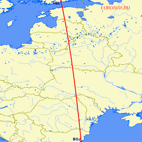 перелет Хельсинки — Бургас на карте