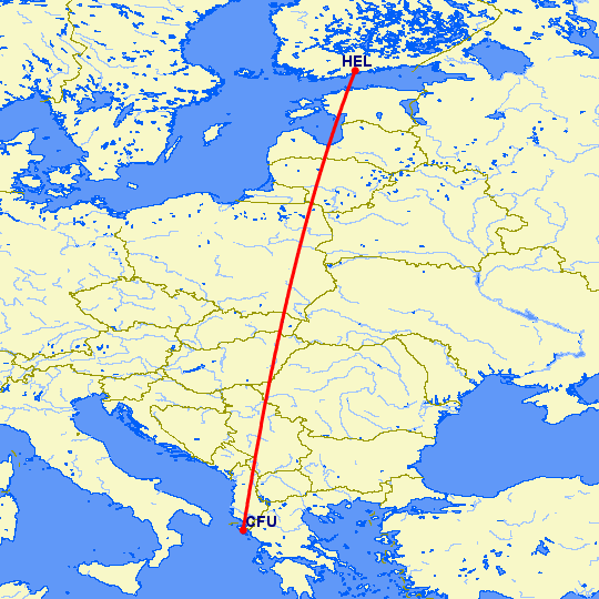 перелет Хельсинки — Керкира на карте