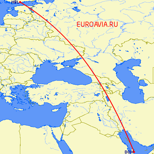 перелет Хельсинки — Доха на карте