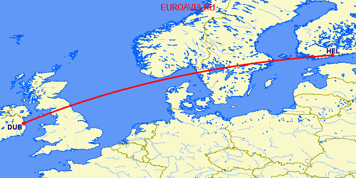 перелет Хельсинки — Дублин на карте