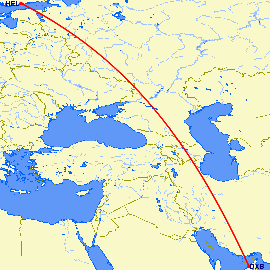 перелет Хельсинки — Дубай на карте