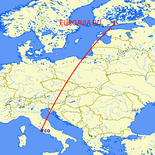 перелет Хельсинки — Рим на карте