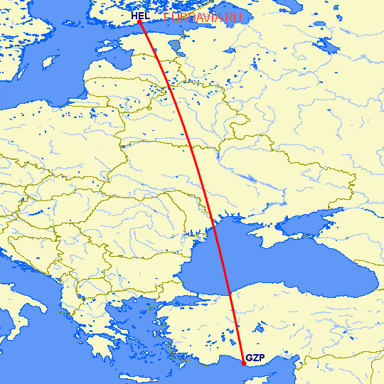 перелет Хельсинки — Алания на карте