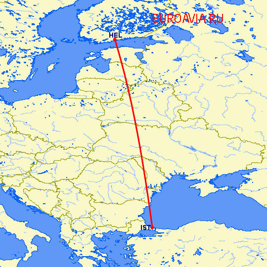 перелет Хельсинки — Стамбул на карте