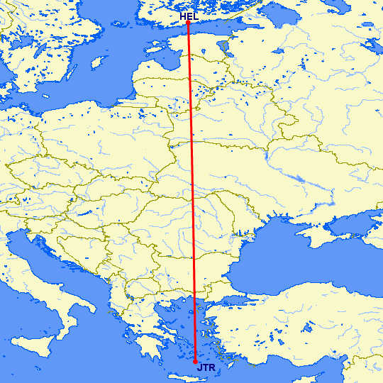 перелет Хельсинки — Санторини на карте