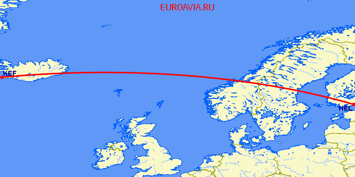 перелет Хельсинки — Рейкьявик на карте