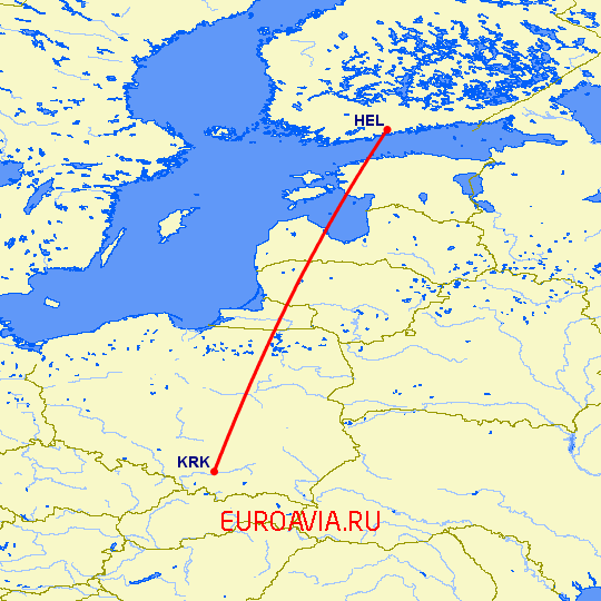 перелет Хельсинки — Краков на карте