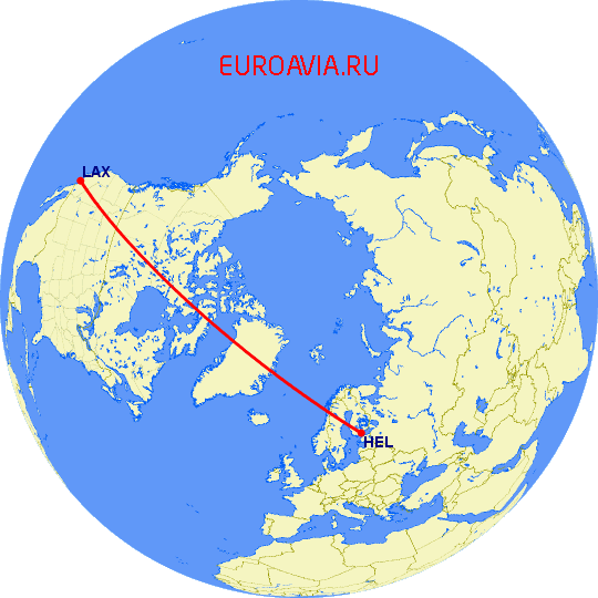 перелет Хельсинки — Лос Анджелес на карте