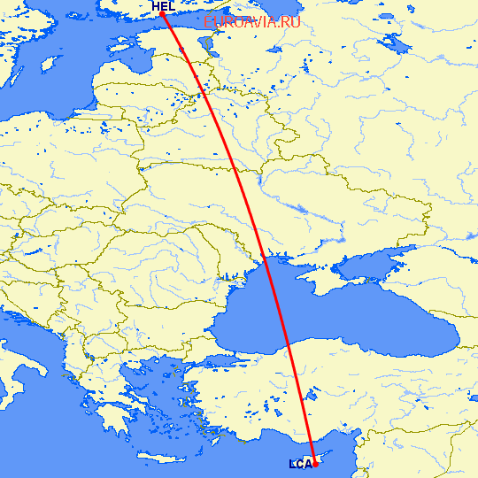 перелет Хельсинки — Ларнака на карте
