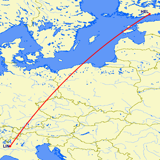 перелет Хельсинки — Милан на карте