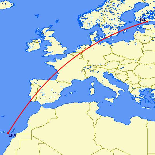 перелет Хельсинки — Лас Пальмас на карте