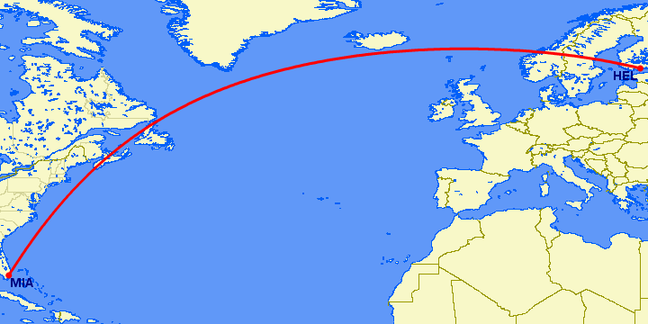 перелет Хельсинки — Майами на карте