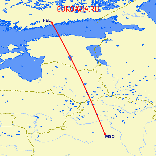 перелет Хельсинки — Минск на карте