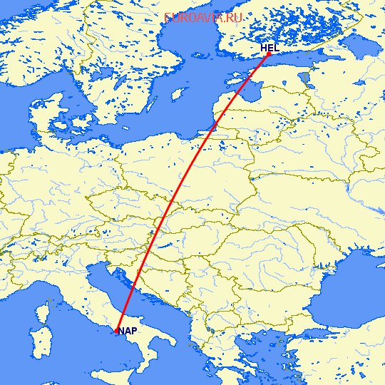 перелет Хельсинки — Неаполь на карте