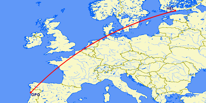 перелет Хельсинки — Порту на карте