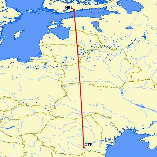 перелет Хельсинки — Бухарест на карте